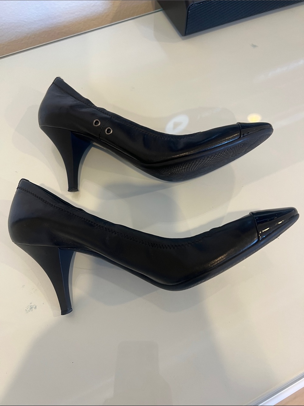 Vintage Prada Black Leather Pumps with Patent Cap Toe - Picture 5 of 8